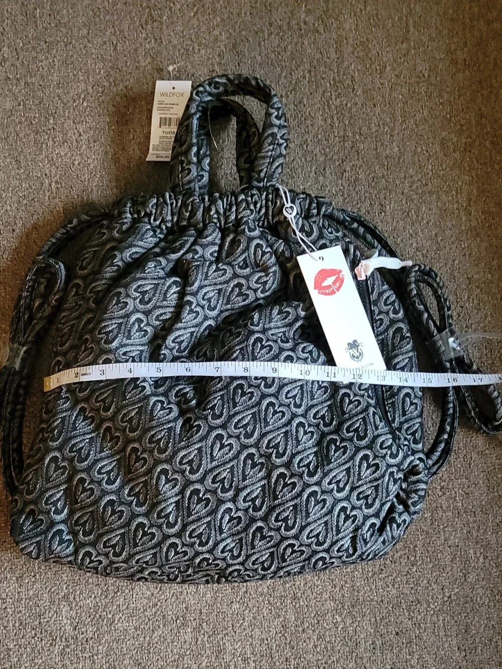 NWT Wildfox Black & Gray Heart Print Drawstring Backpack